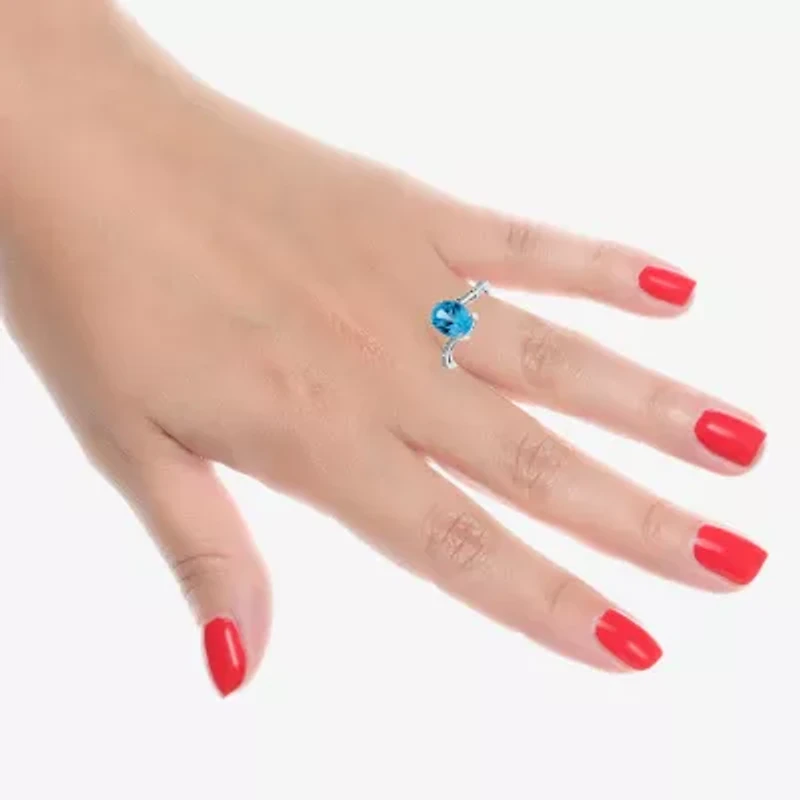 Womens Diamond Accent Genuine Blue Topaz Sterling Silver Oval Side Stone Cocktail Ring