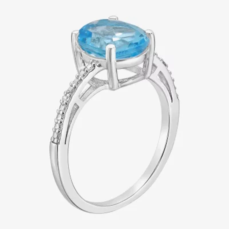 Womens Diamond Accent Genuine Blue Topaz Sterling Silver Oval Side Stone Cocktail Ring