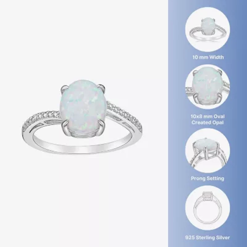 Womens Diamond Accent Lab Created White Opal Sterling Silver Oval Side Stone Cocktail Ring