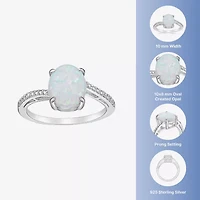 Womens Diamond Accent Lab Created White Opal Sterling Silver Oval Side Stone Cocktail Ring
