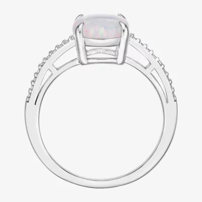 Womens Diamond Accent Lab Created White Opal Sterling Silver Oval Side Stone Cocktail Ring
