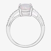 Womens Diamond Accent Lab Created White Opal Sterling Silver Oval Side Stone Cocktail Ring