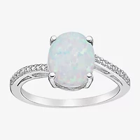 Womens Diamond Accent Lab Created White Opal Sterling Silver Oval Side Stone Cocktail Ring