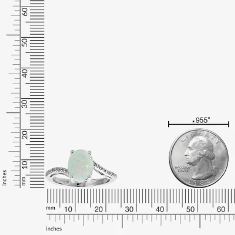 Womens Diamond Accent Lab Created White Opal Sterling Silver Oval Side Stone Cocktail Ring