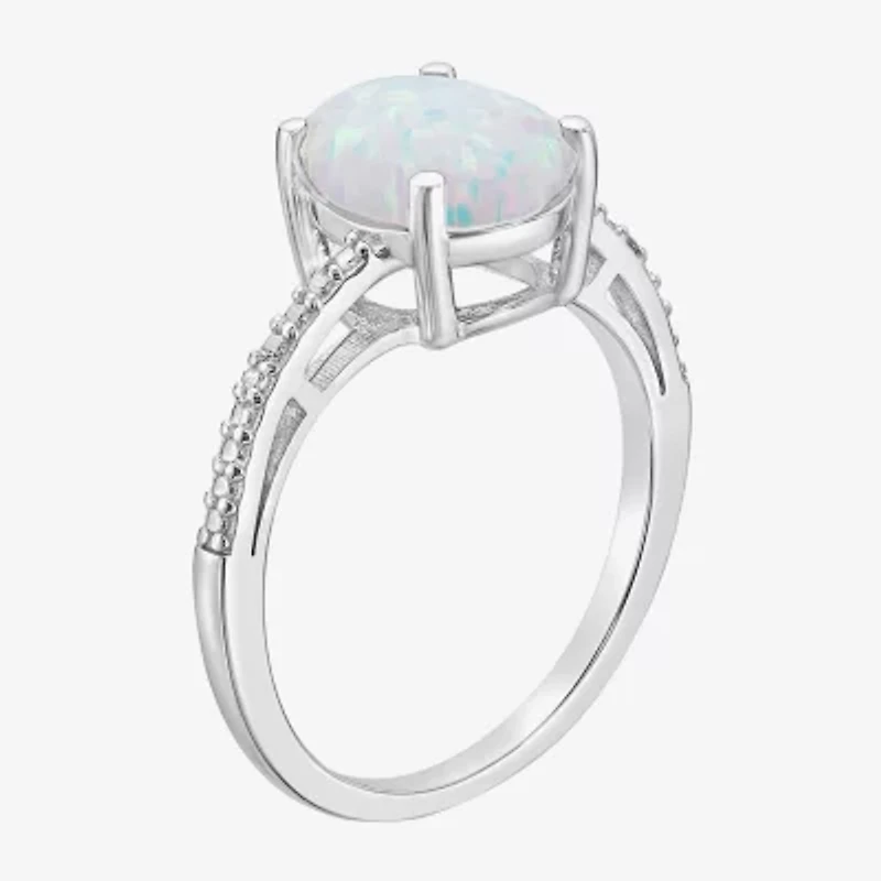 Womens Diamond Accent Lab Created White Opal Sterling Silver Oval Side Stone Cocktail Ring