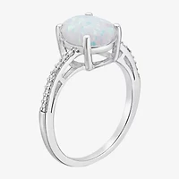 Womens Diamond Accent Lab Created White Opal Sterling Silver Oval Side Stone Cocktail Ring