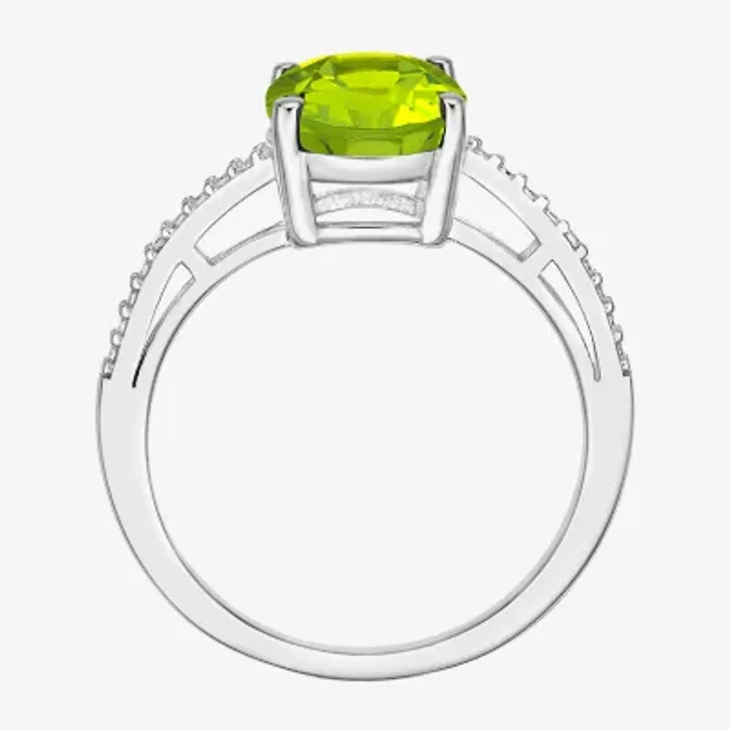 Womens Diamond Accent Genuine Green Peridot Sterling Silver Oval Side Stone Cocktail Ring