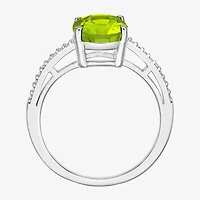 Womens Diamond Accent Genuine Green Peridot Sterling Silver Oval Side Stone Cocktail Ring