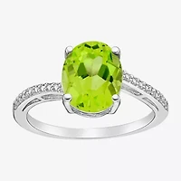 Womens Diamond Accent Genuine Green Peridot Sterling Silver Oval Side Stone Cocktail Ring