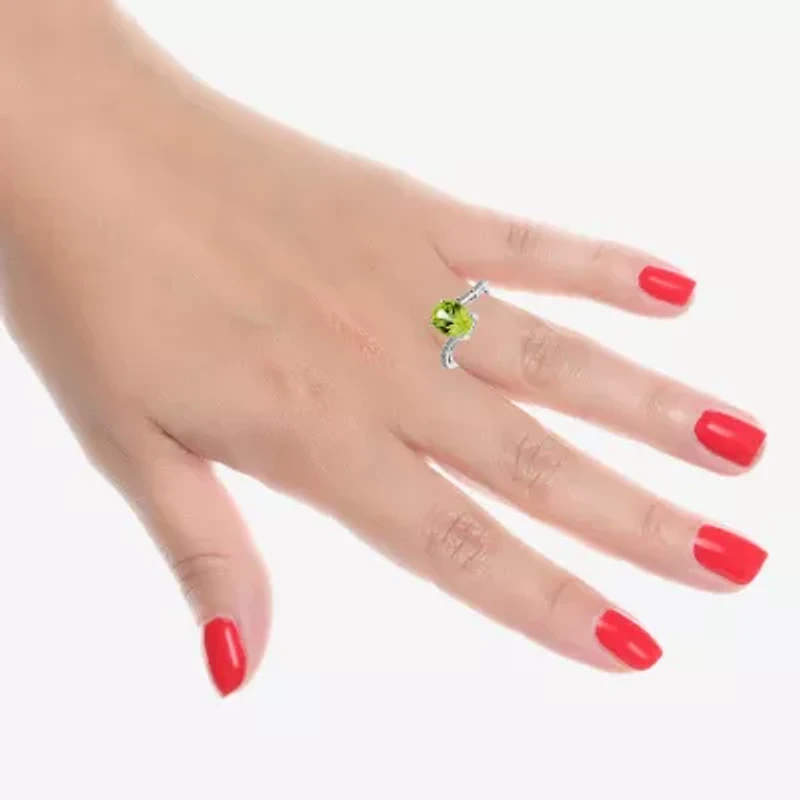 Womens Diamond Accent Genuine Green Peridot Sterling Silver Oval Side Stone Cocktail Ring