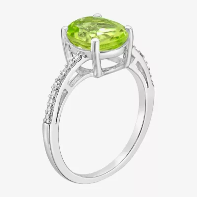 Womens Diamond Accent Genuine Green Peridot Sterling Silver Oval Side Stone Cocktail Ring