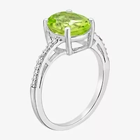 Womens Diamond Accent Genuine Green Peridot Sterling Silver Oval Side Stone Cocktail Ring