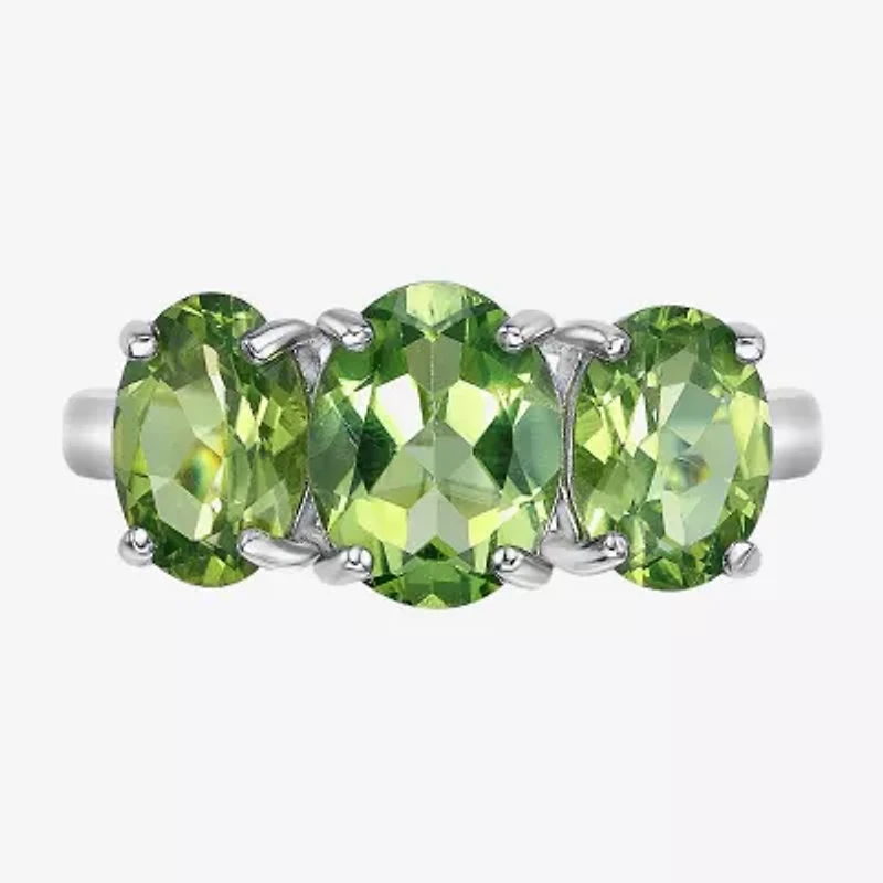 Womens Genuine Green Peridot Sterling Silver Oval 3-Stone Cocktail Ring