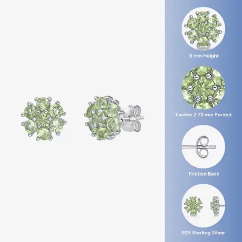 Genuine Green Peridot Sterling Silver 9mm Flower Stud Earrings