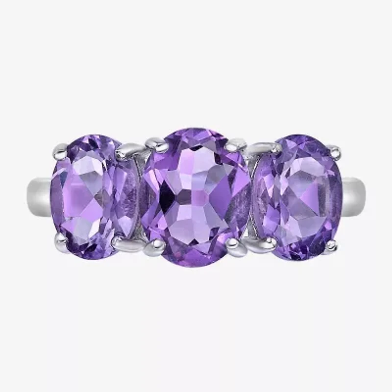 Womens Genuine Purple Amethyst Sterling Silver Oval 3-Stone Cocktail Ring