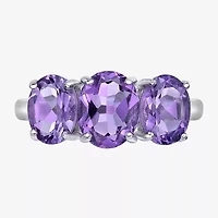 Womens Genuine Purple Amethyst Sterling Silver Oval 3-Stone Cocktail Ring