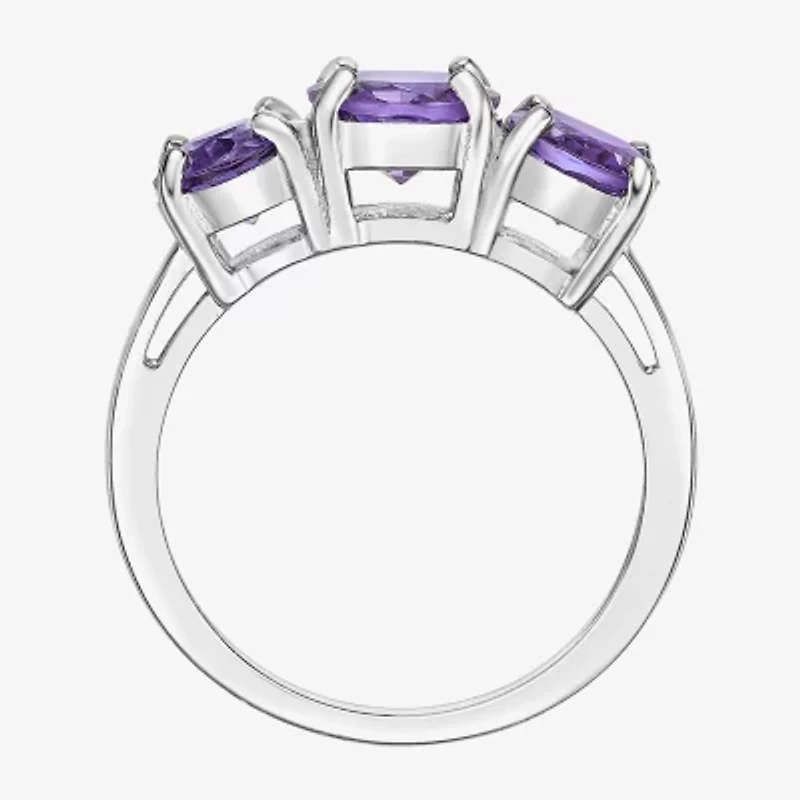 Womens Genuine Purple Amethyst Sterling Silver Oval 3-Stone Cocktail Ring