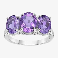 Womens Genuine Purple Amethyst Sterling Silver Oval 3-Stone Cocktail Ring