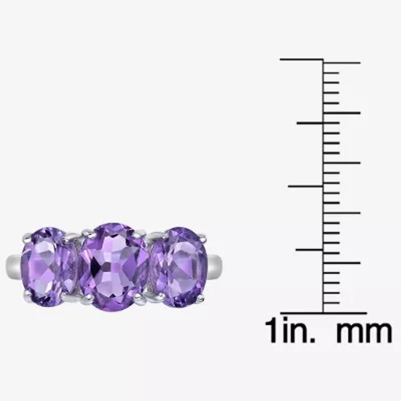 Womens Genuine Purple Amethyst Sterling Silver Oval 3-Stone Cocktail Ring