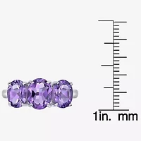 Womens Genuine Purple Amethyst Sterling Silver Oval 3-Stone Cocktail Ring