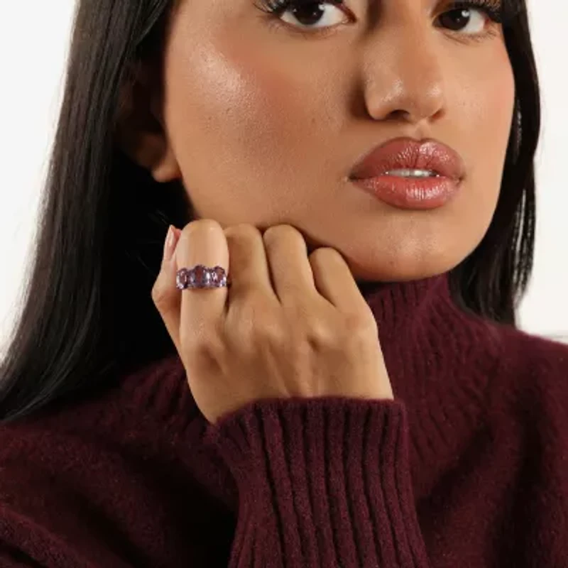 Womens Genuine Purple Amethyst Sterling Silver Oval 3-Stone Cocktail Ring