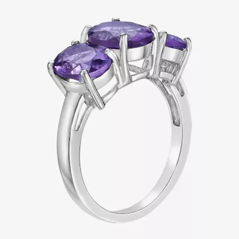 Womens Genuine Purple Amethyst Sterling Silver Oval 3-Stone Cocktail Ring