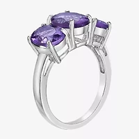 Womens Genuine Purple Amethyst Sterling Silver Oval 3-Stone Cocktail Ring