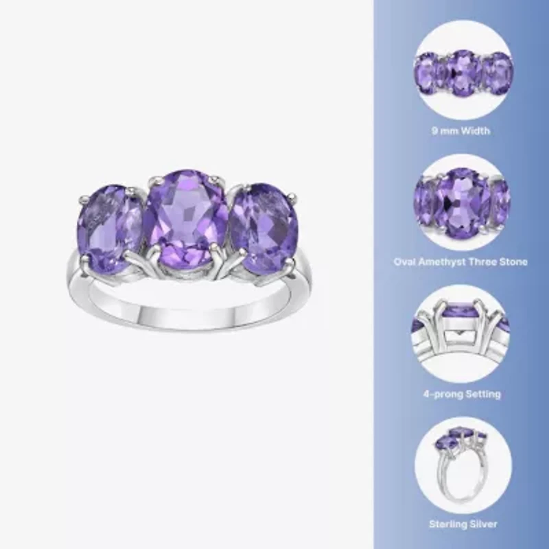 Womens Genuine Purple Amethyst Sterling Silver Oval 3-Stone Cocktail Ring
