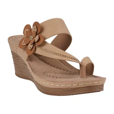 GC Shoes Womens Taryn Floral Toe-Loop Wedge Sandals