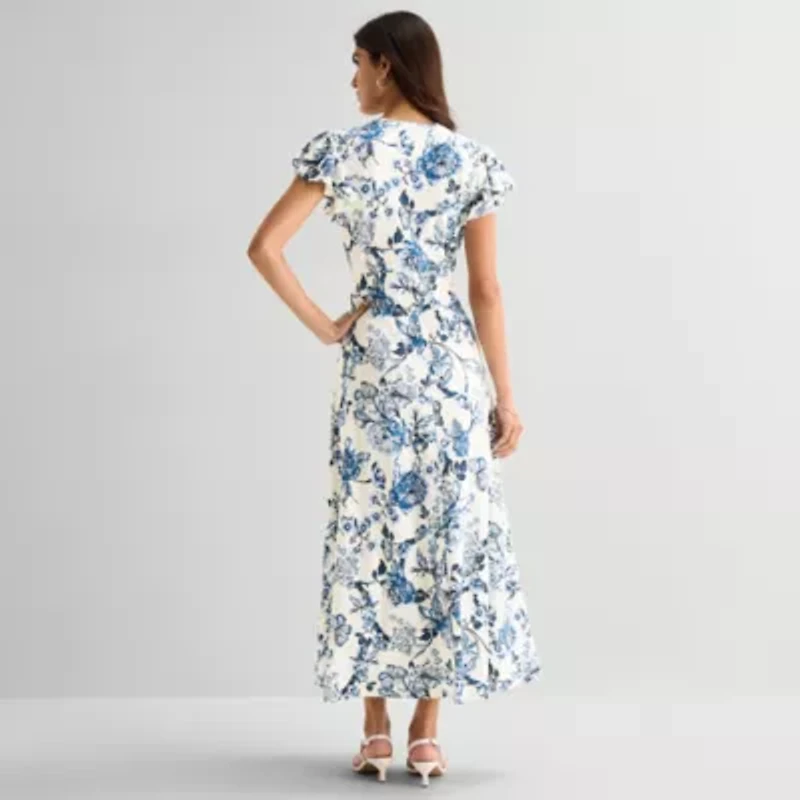 MSK Womens V Neck Short Sleeve Flutter Maxi Dress