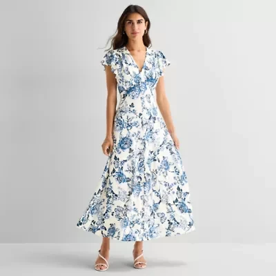 MSK Womens V Neck Short Sleeve Flutter Maxi Dress