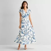MSK Womens V Neck Short Sleeve Flutter Maxi Dress