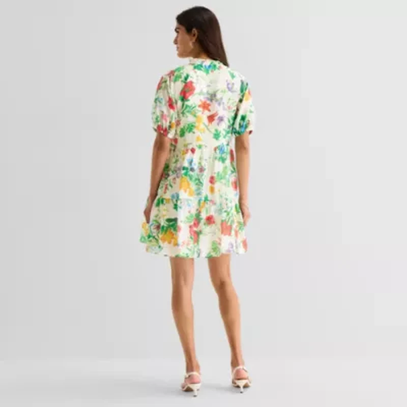 MSK Womens Midi V Neck Short Sleeve Cap Floral Fit + Flare Dress