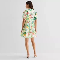 MSK Womens Midi V Neck Short Sleeve Cap Floral Fit + Flare Dress