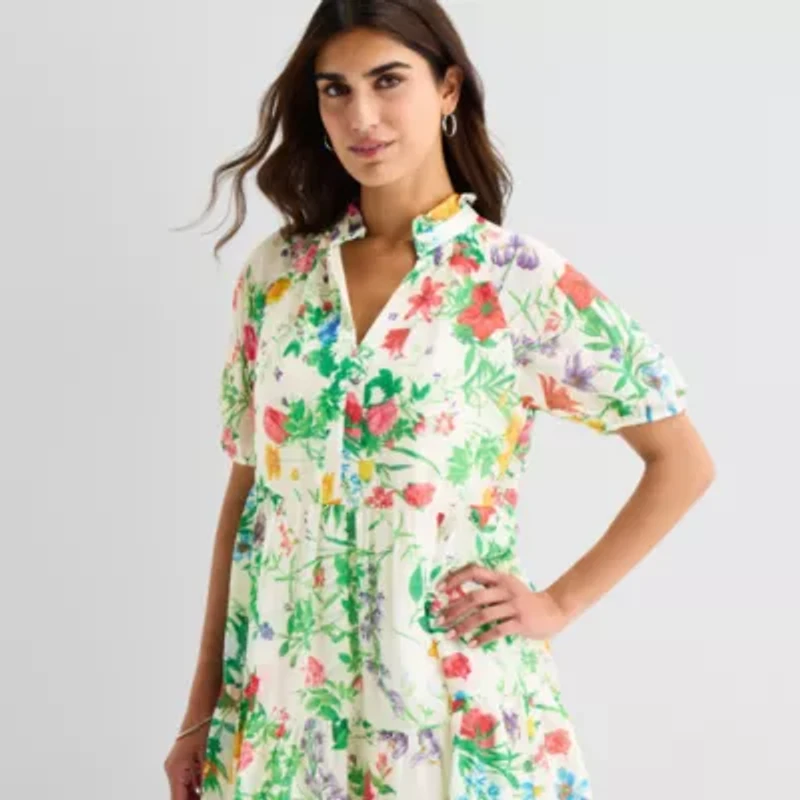 MSK Womens Midi V Neck Short Sleeve Cap Floral Fit + Flare Dress