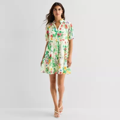 MSK Womens Midi V Neck Short Sleeve Cap Floral Fit + Flare Dress