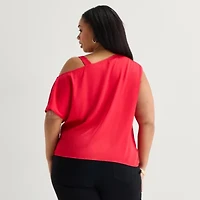 Bold Elements Womens Plus Asymmetrical Neck Short Sleeve Satin Blouse