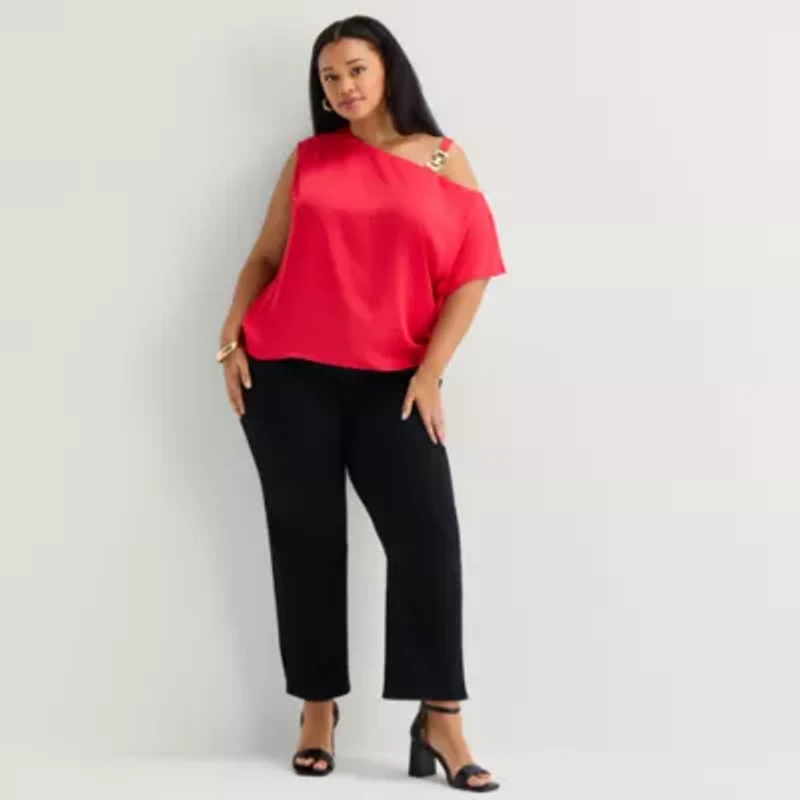 Bold Elements Womens Plus Asymmetrical Neck Short Sleeve Satin Blouse