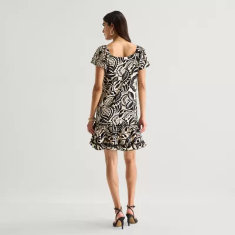 Isabel & Nina Womens Round Neck Short Sleeve Leaf Shift Dress