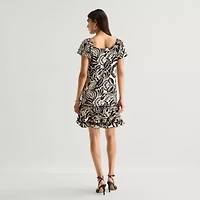 Isabel & Nina Womens Round Neck Short Sleeve Leaf Shift Dress