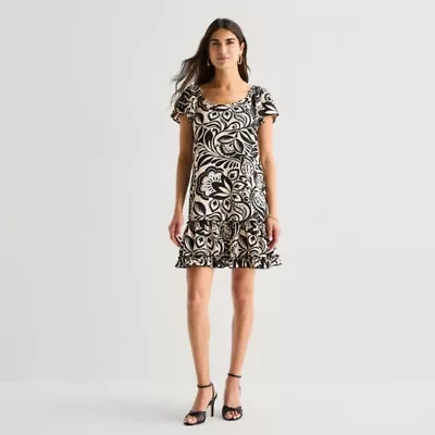 Isabel & Nina Womens Round Neck Short Sleeve Leaf Shift Dress