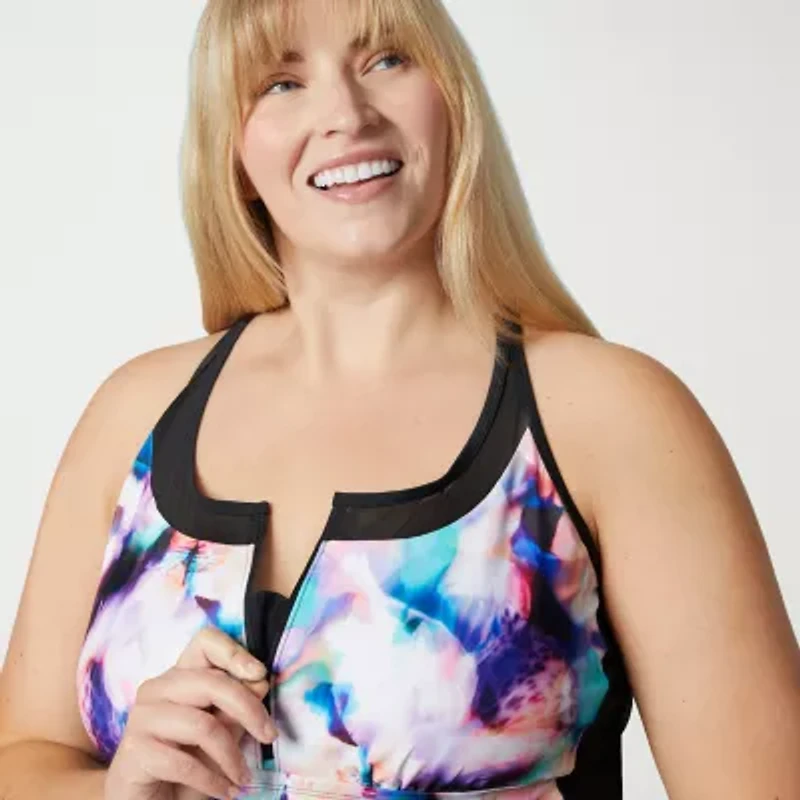 Free Country Womens Stretch Fabric Floral Plus Tankini Swimsuit Top