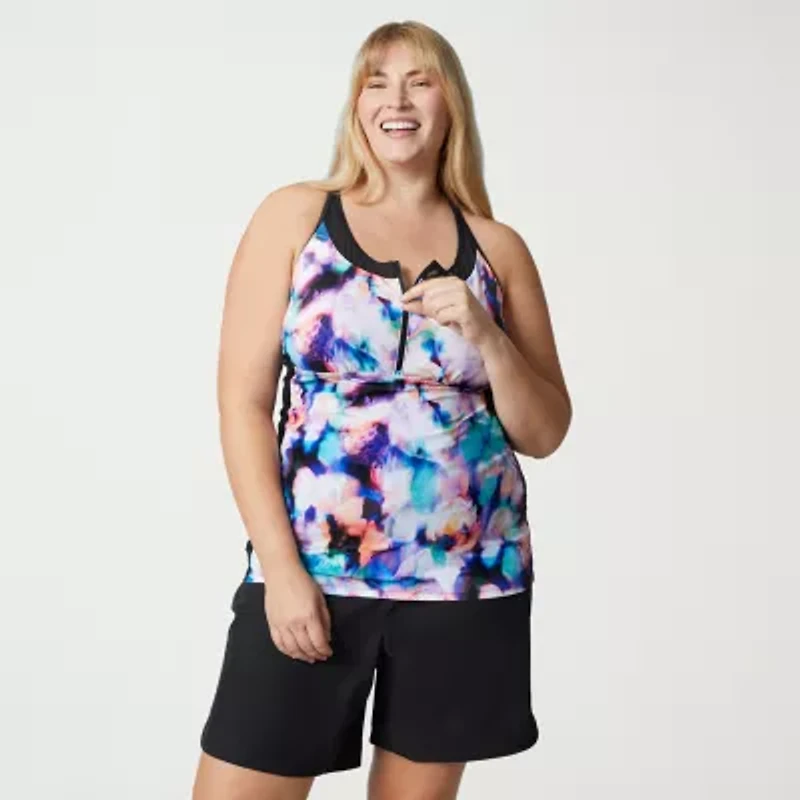 Free Country Womens Stretch Fabric Floral Plus Tankini Swimsuit Top