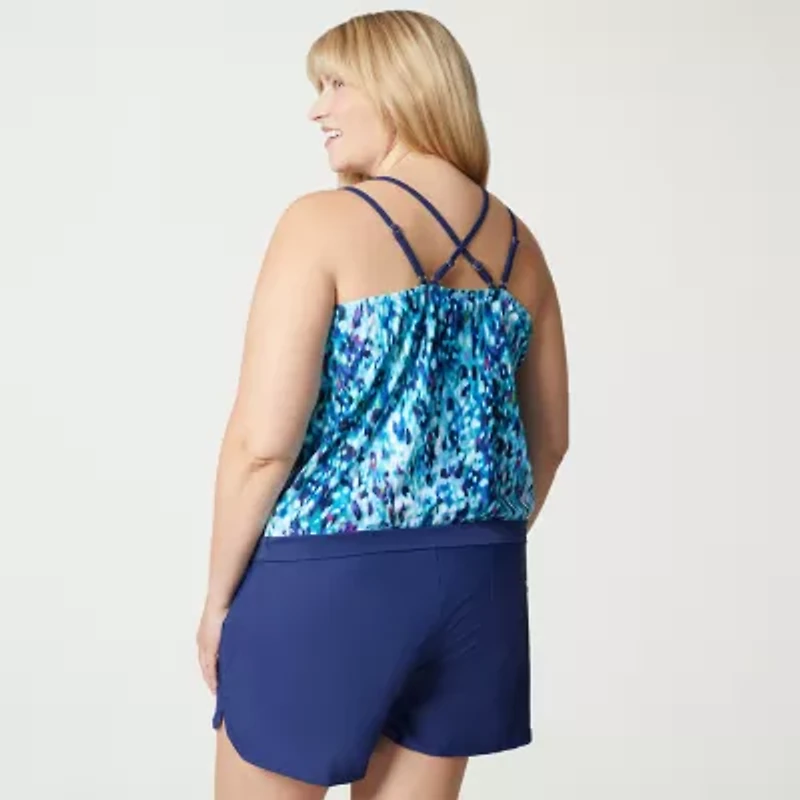 Free Country Womens Adjustable Straps Built Bra Abstract Plus Blouson Swimsuit Top