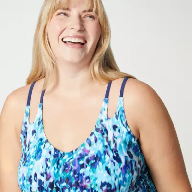 Free Country Womens Adjustable Straps Built Bra Abstract Plus Blouson Swimsuit Top