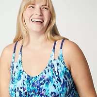 Free Country Womens Adjustable Straps Built Bra Abstract Plus Blouson Swimsuit Top