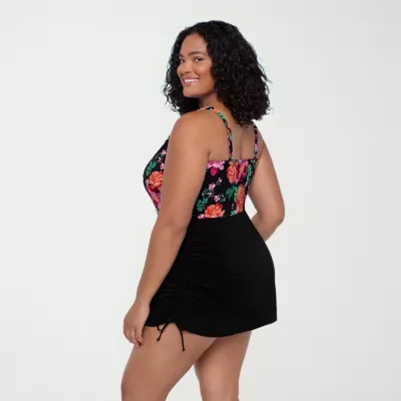 Trimshaper Womens Floral Plus Swim Dress
