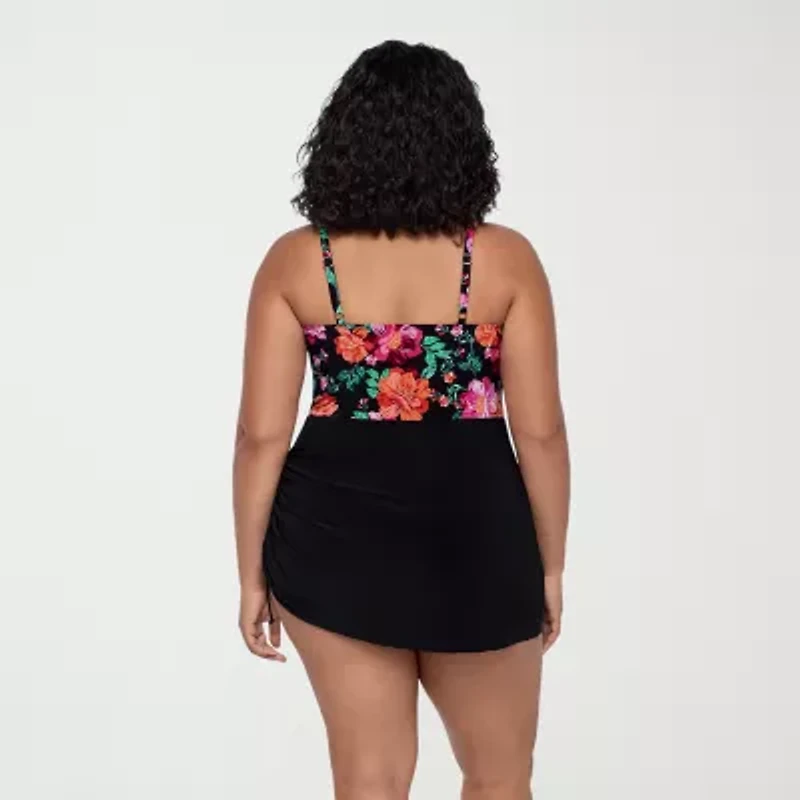 Trimshaper Womens Floral Plus Swim Dress