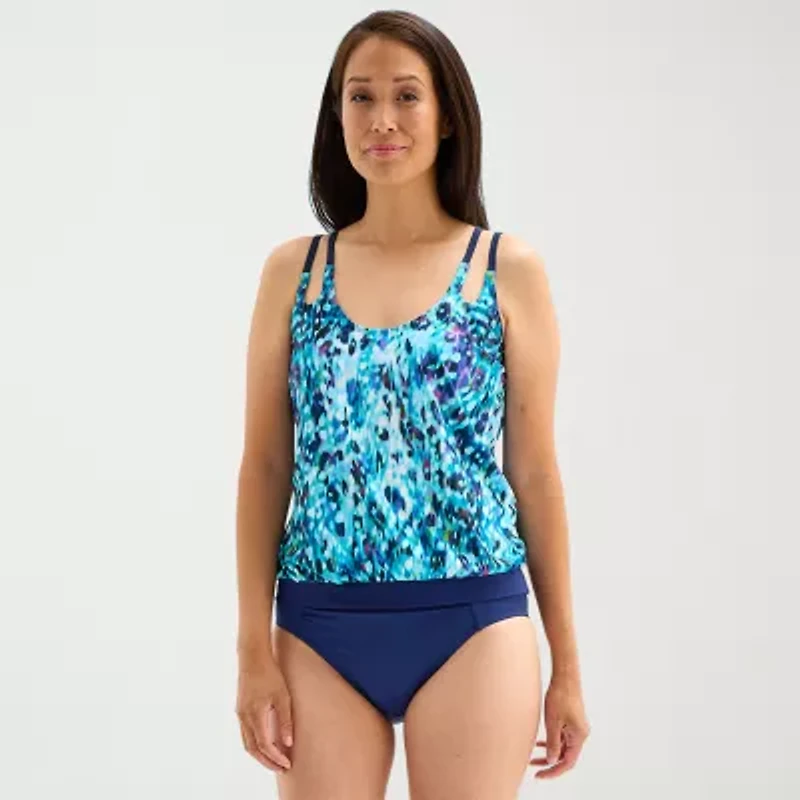 Free Country Womens Adjustable Straps Built Bra Abstract Blouson Swimsuit Top