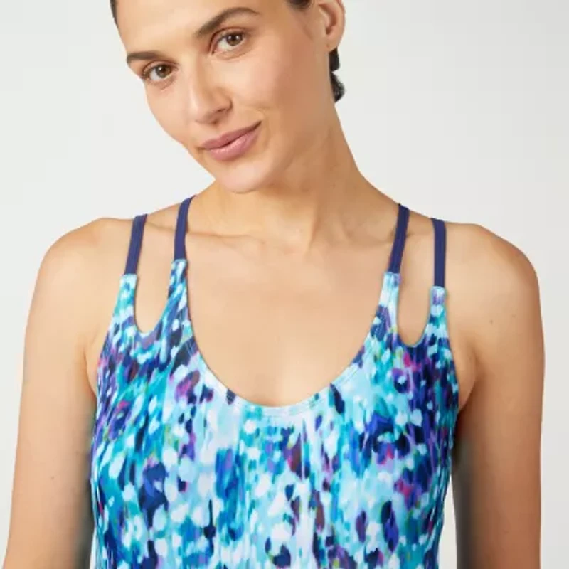 Free Country Womens Adjustable Straps Built Bra Abstract Blouson Swimsuit Top